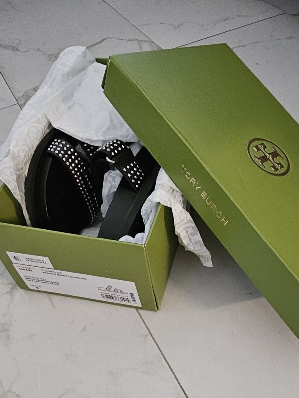 Authentic NIB Tory Burch Ines Stud Sport Slide Black Leather US 8